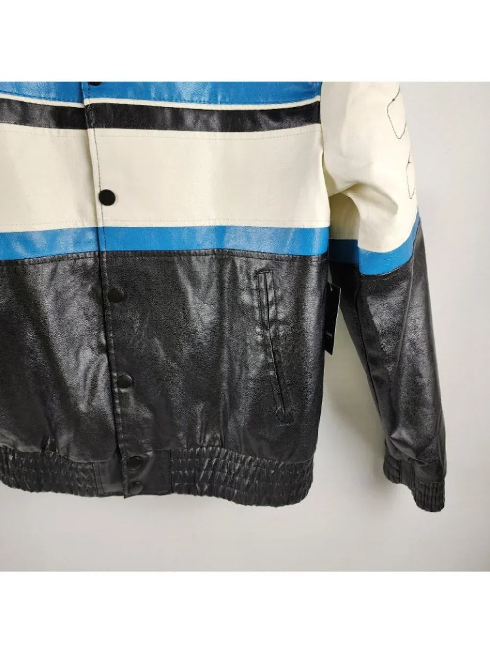 Fried Denim Jacket Mens M Multicolor Faux Leather Moto Biker Snaps NWT